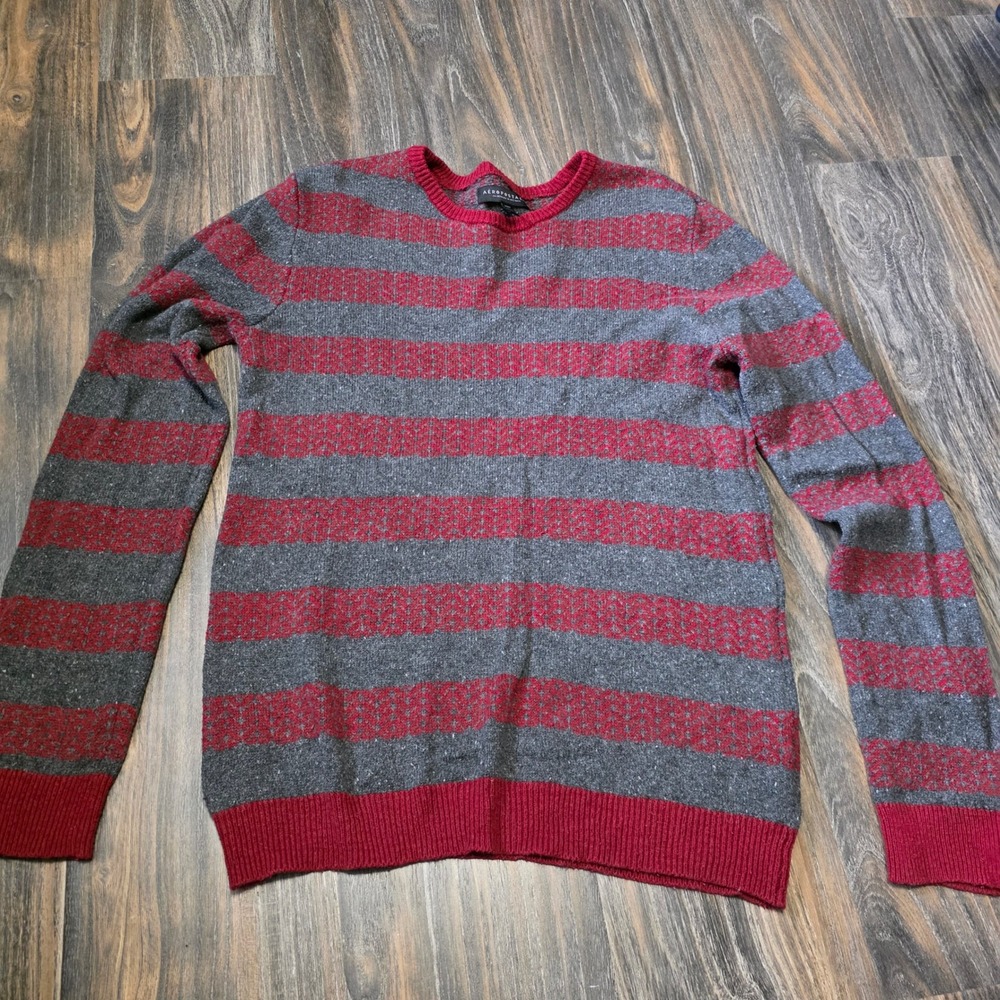 Aeropostale Mens M Gray Red Striped Textured Cotton Wool Blend Crew Neck Sweater